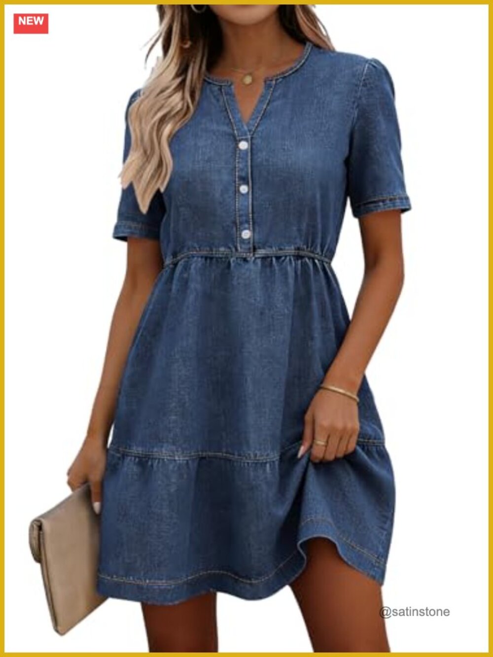 Women's Summer Casual Short Sleeve Babydoll Tiered Denim Dress with Pockets